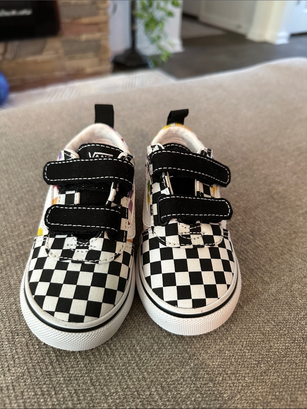 Vans Kids Checkerboard Velcro Sneakers - Black & White with Color Accents
